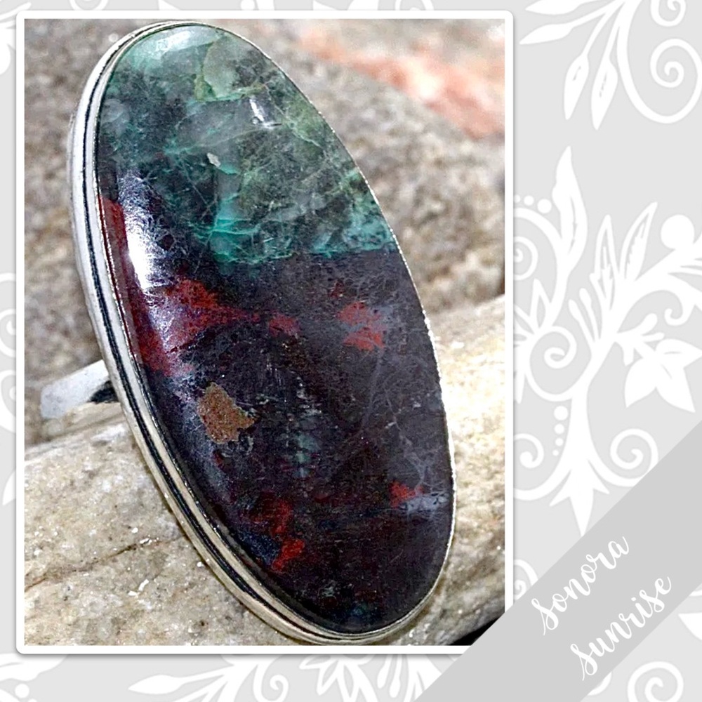 Sonora Sunrise Silver Artisan Ring, Size 11.5 (Teal Green, Burgundy Red, Black)